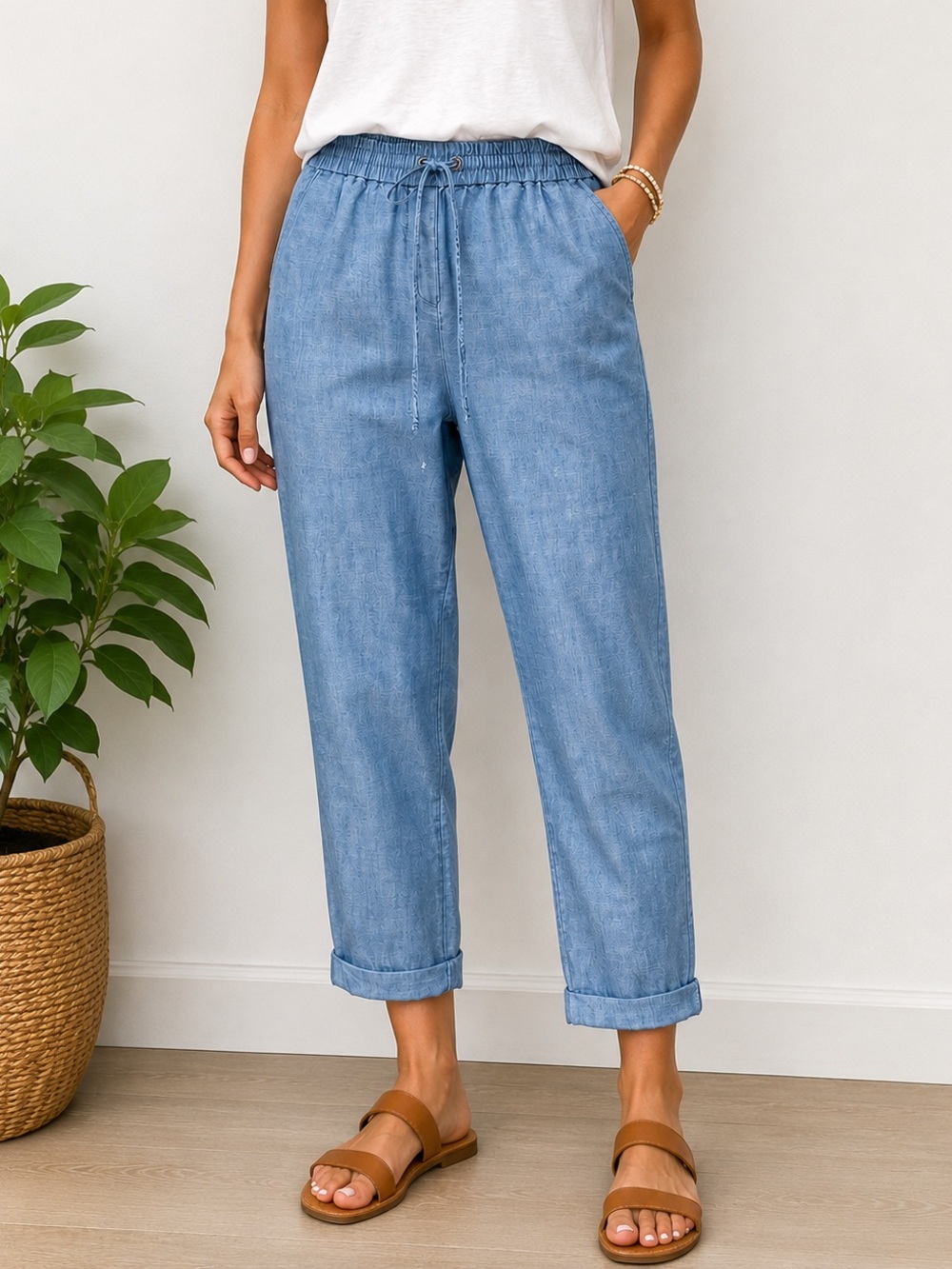 J.Crew Chambray Pants Women’s 4 Blue Elastic Waist Cropped Cotton Casual Coastal